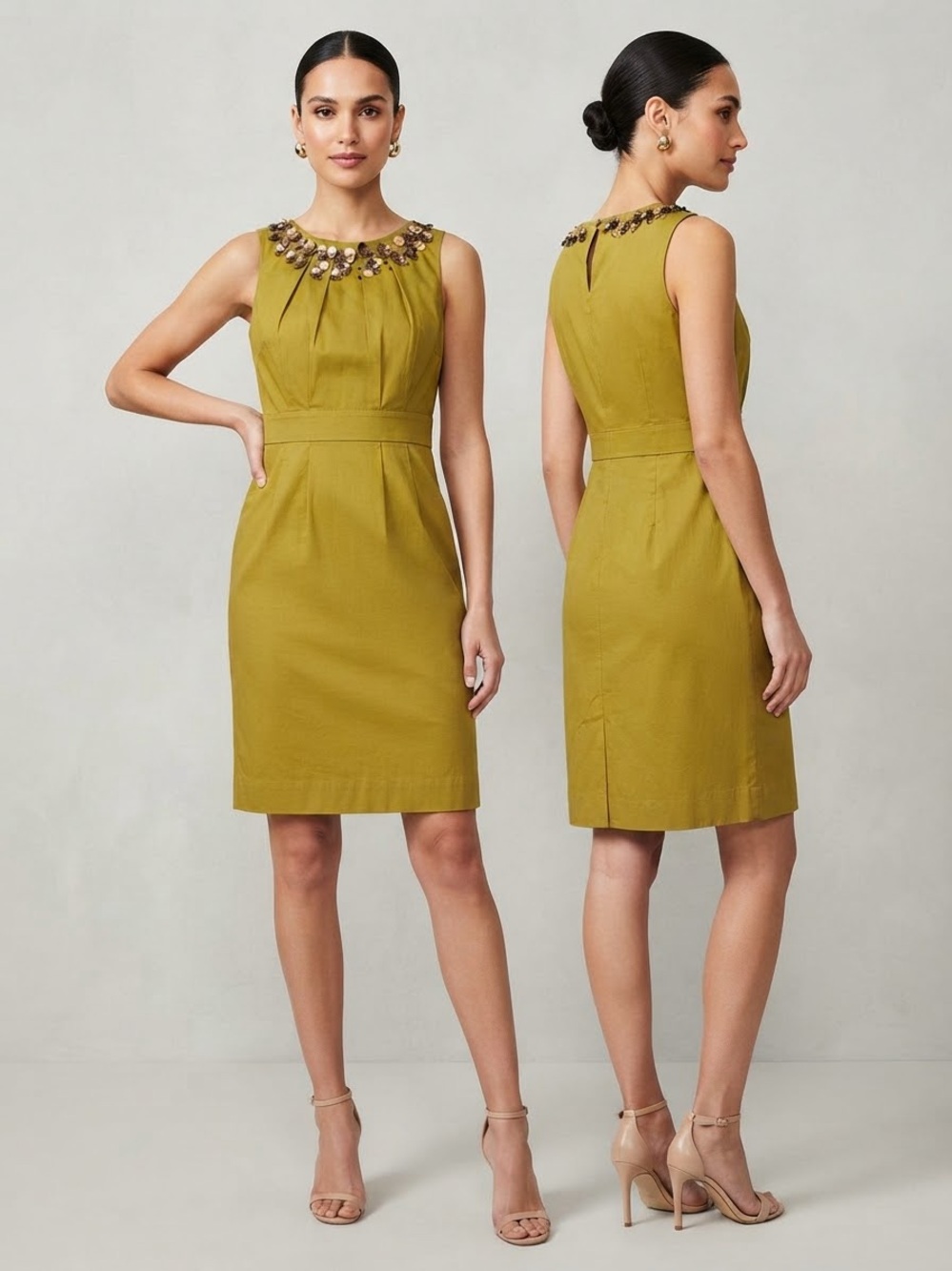 BODEN Embellished Sleeveless Sheath Dress 2P 16” p2p Olive $199 Retail EUC